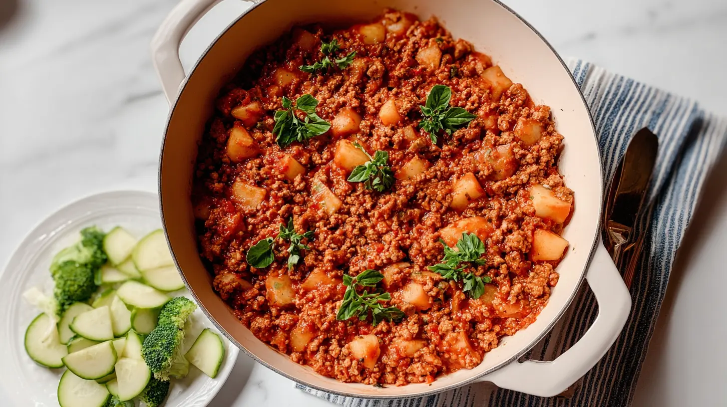 A prepared Lazy Night Ground Turkey Dinner in a skillet, ready to serve