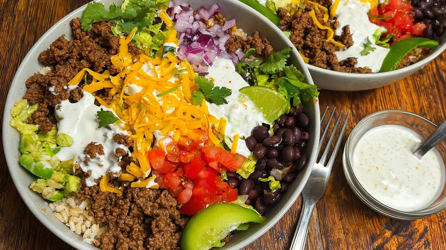 Lean ground beef taco bowl featuring colorful vegetables and salsa.