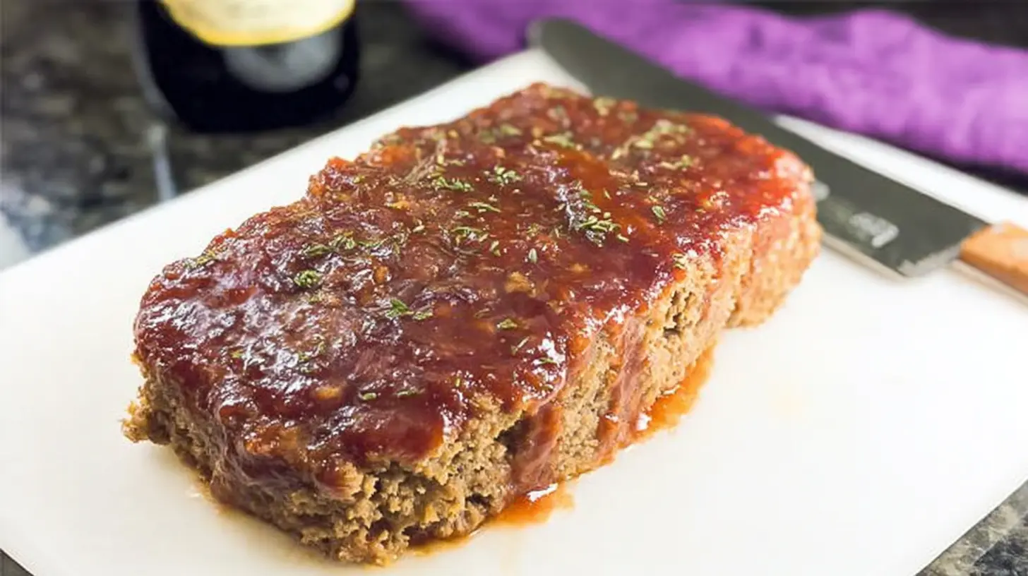 Lean ground beef meatloaf, glazed and ready to serve.