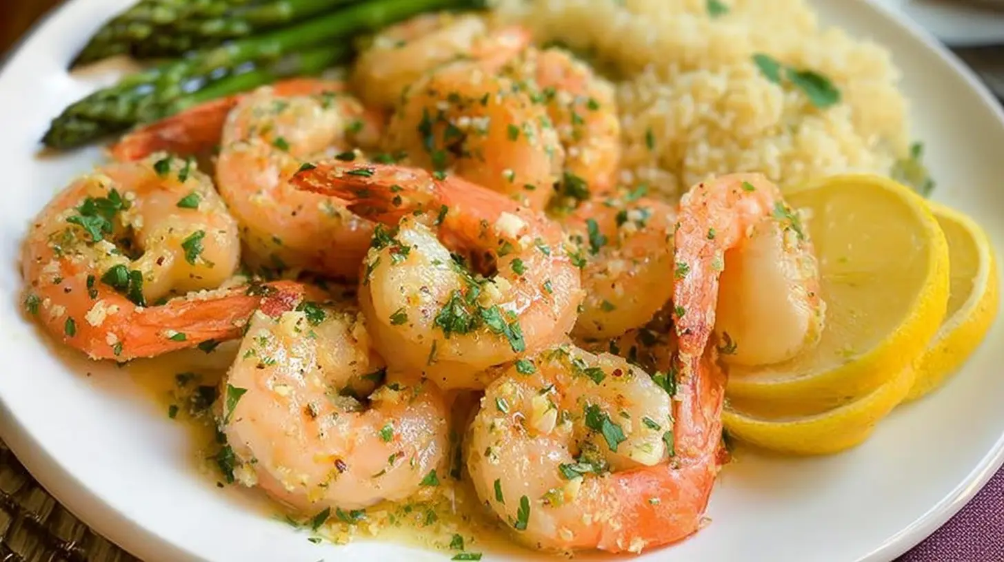 A vibrant lemon garlic shrimp plate served with fresh herbs.