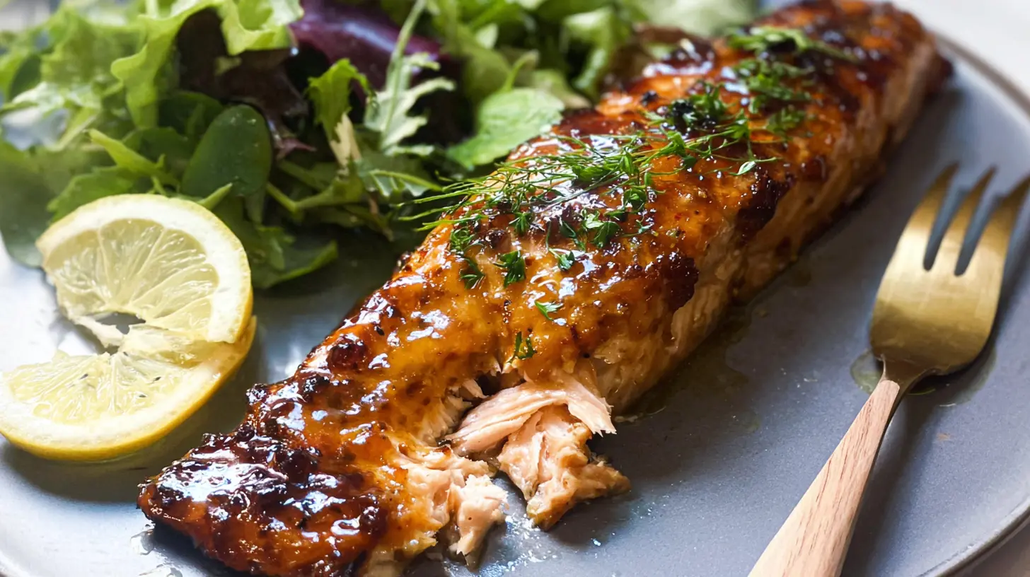 A serving of light honey mustard salmon, beautifully glazed and ready to eat.