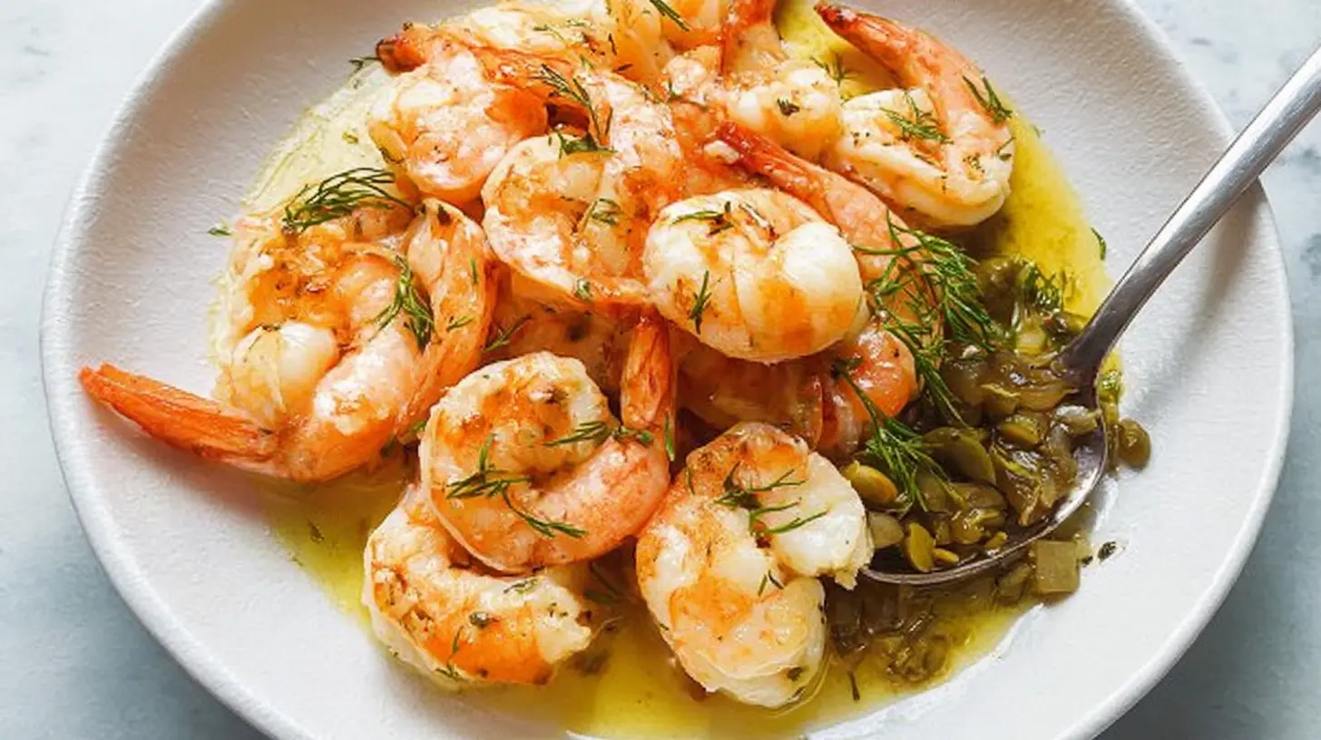 A light lemon shrimp dinner featuring cooked shrimp with lemon slices and herbs.