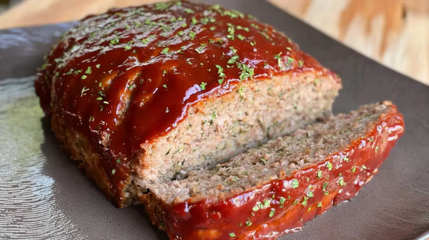 A serving of lightened-up classic meatloaf on a white plate, garnished.
