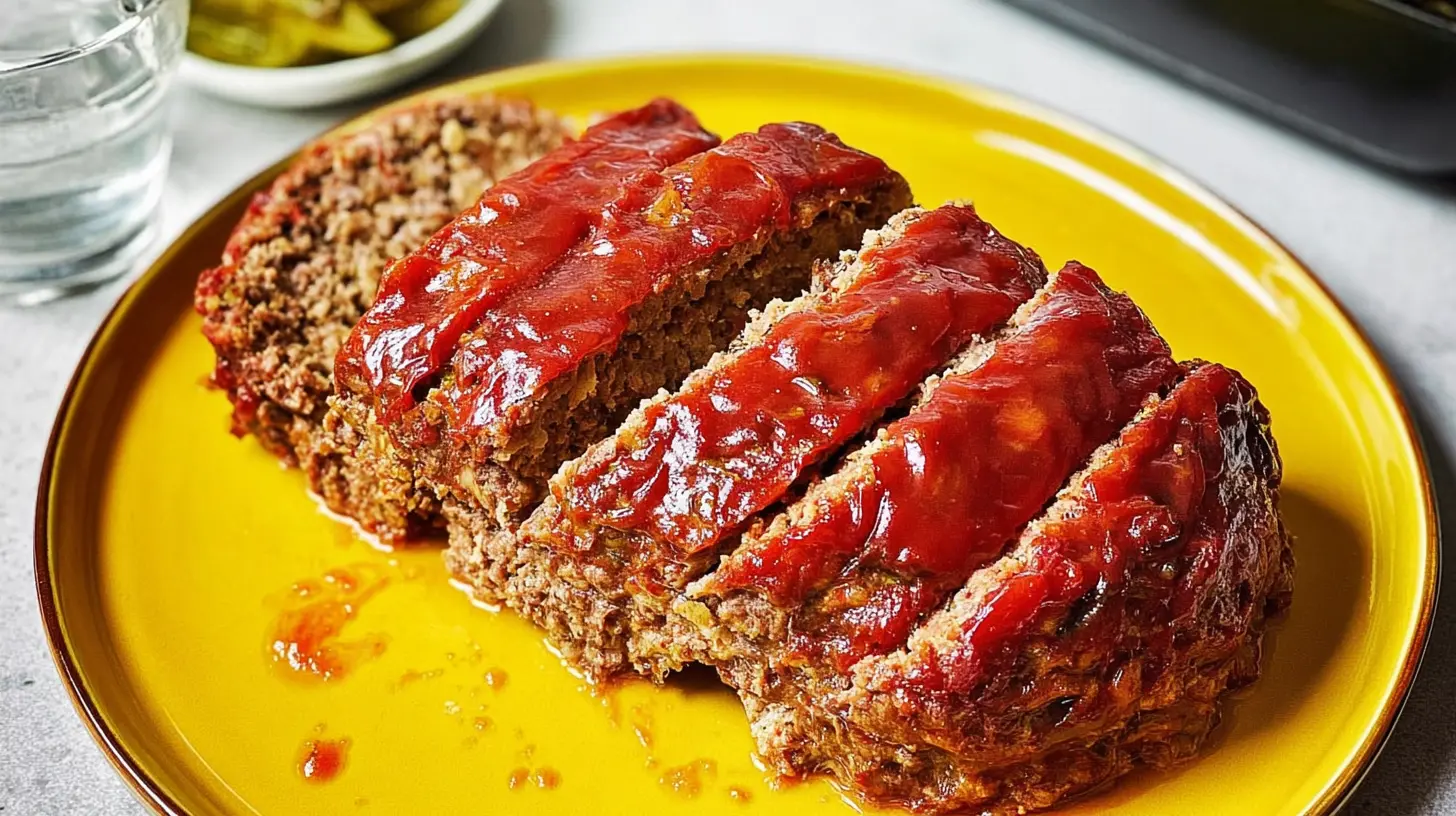 A freshly baked lighter comfort meatloaf, perfectly sliced.