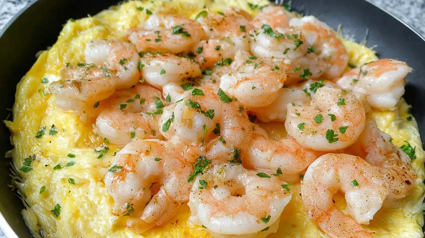 A serving of low-carb garlic shrimp dinner on a plate, garnished with fresh herbs.