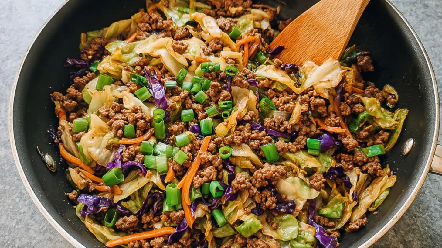 A vibrant low-carb ground beef cabbage stir fry in a large pan.