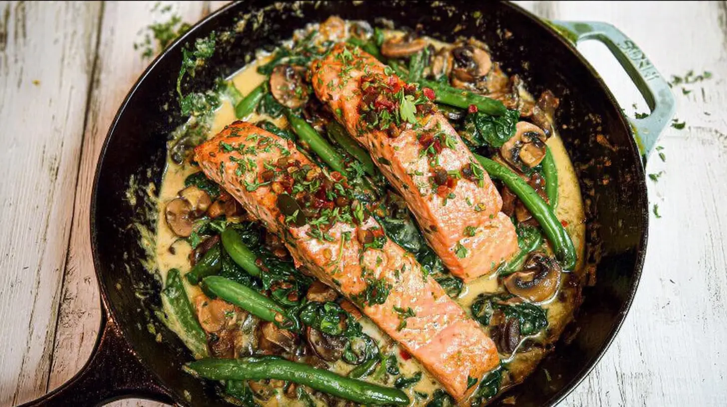 A low-carb salmon skillet dinner with vegetables cooking in a pan