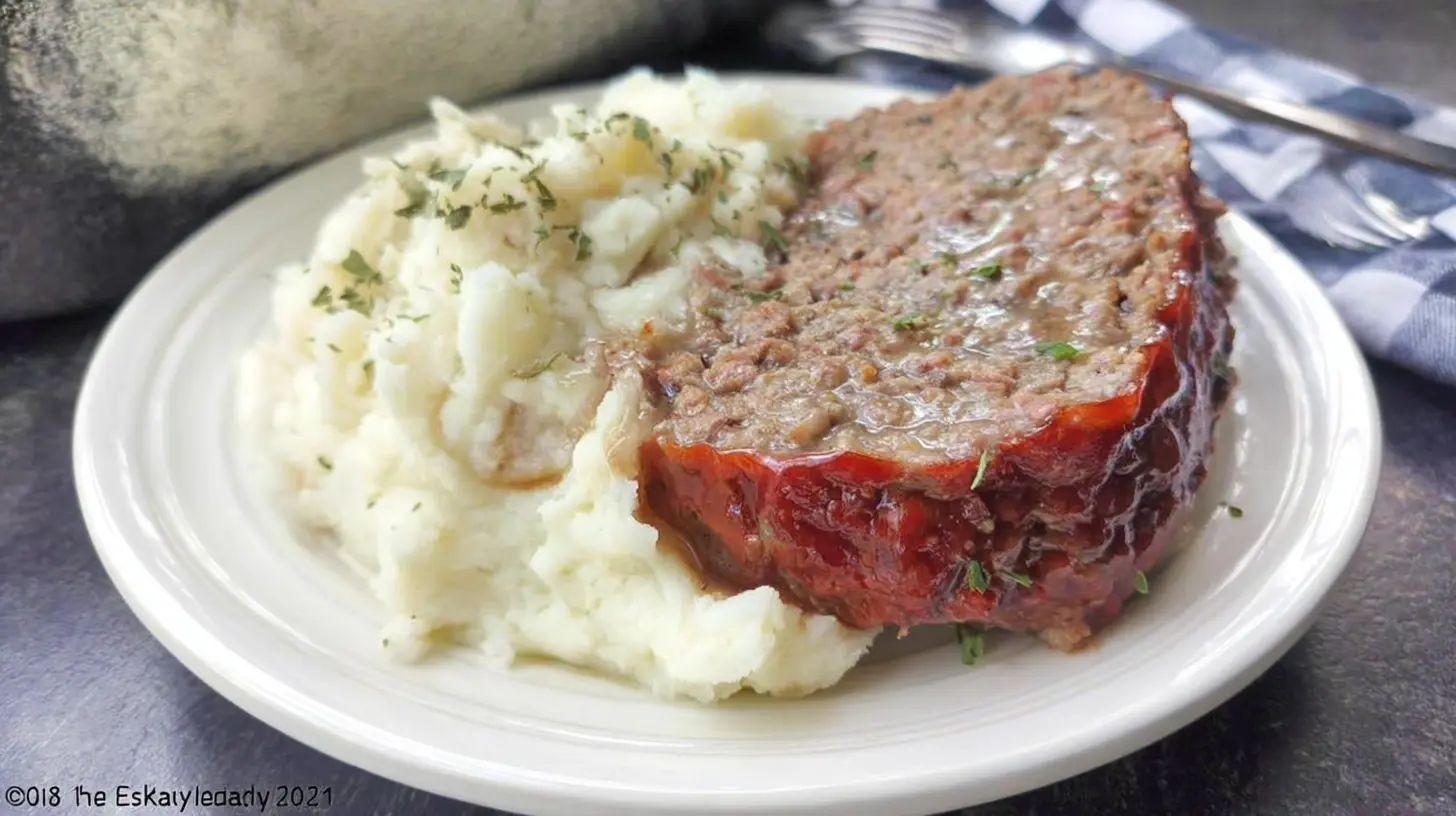A hearty slice of meatloaf with a generous serving of mashed potatoes on a white plate.