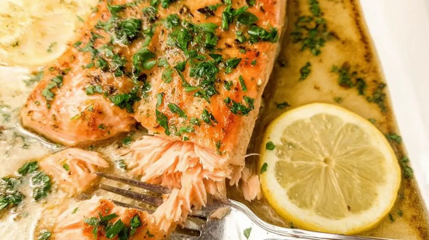 A perfectly cooked piece of no-fuss baked salmon, flaked and ready to eat.