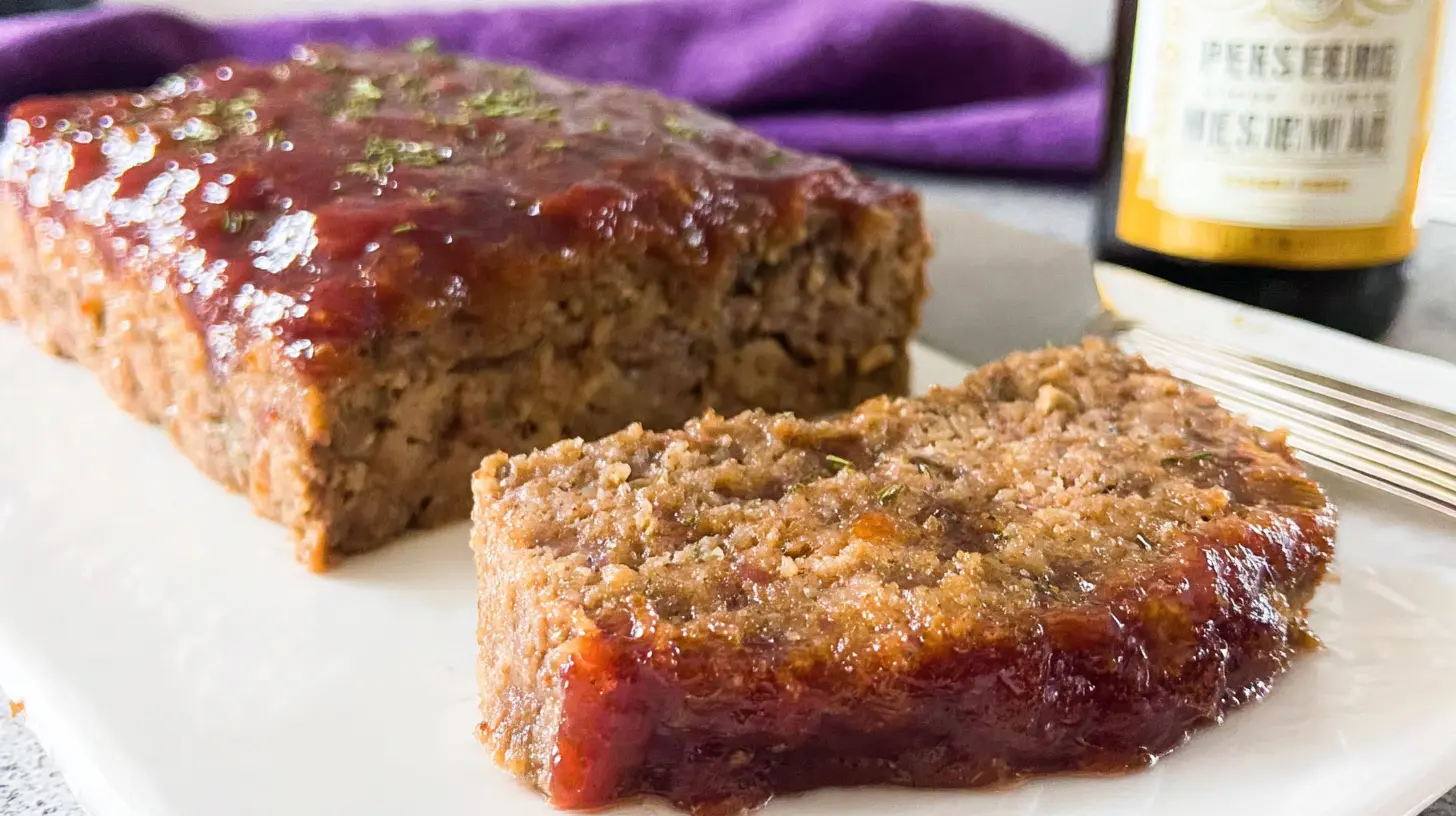 A baked old-fashioned meatloaf recipe, sliced and ready to serve on a white plate.