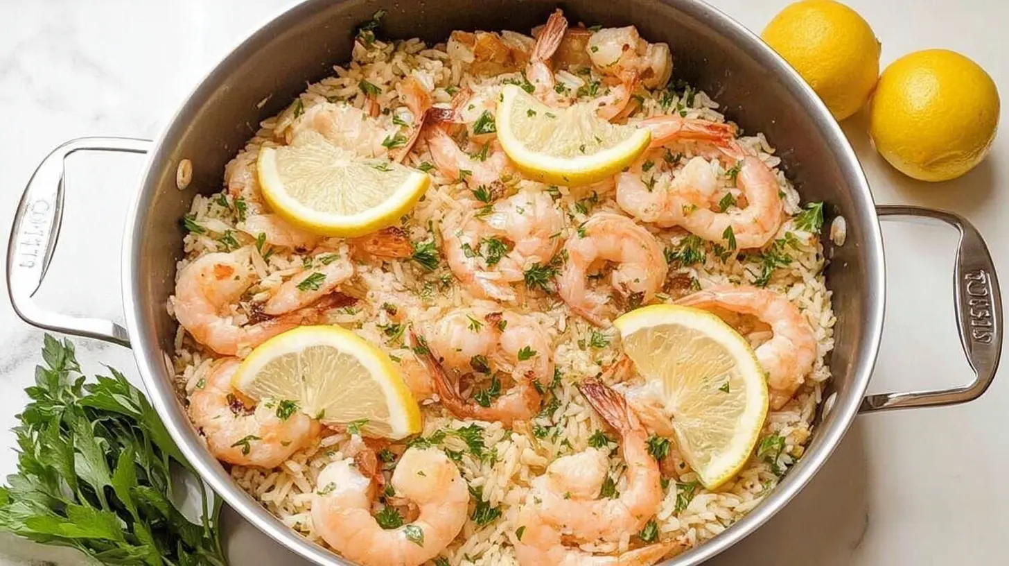 A one-pan garlic shrimp dinner with roasted vegetables, ready to serve.
