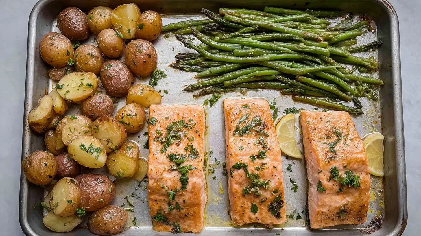 A freshly cooked one-pan salmon dinner with roasted vegetables