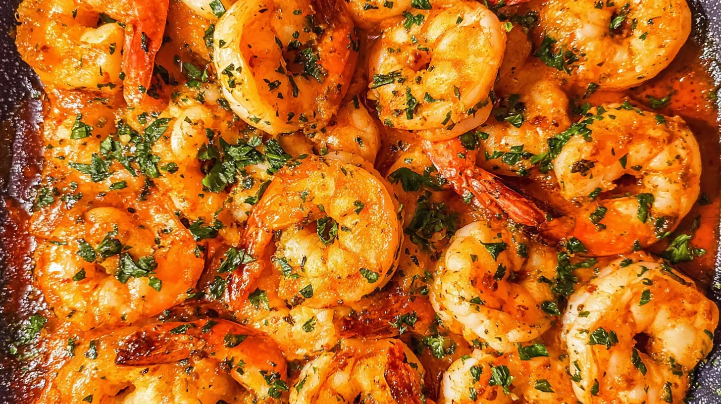A full One-Pan Shrimp Meal with colorful vegetables and cooked shrimp