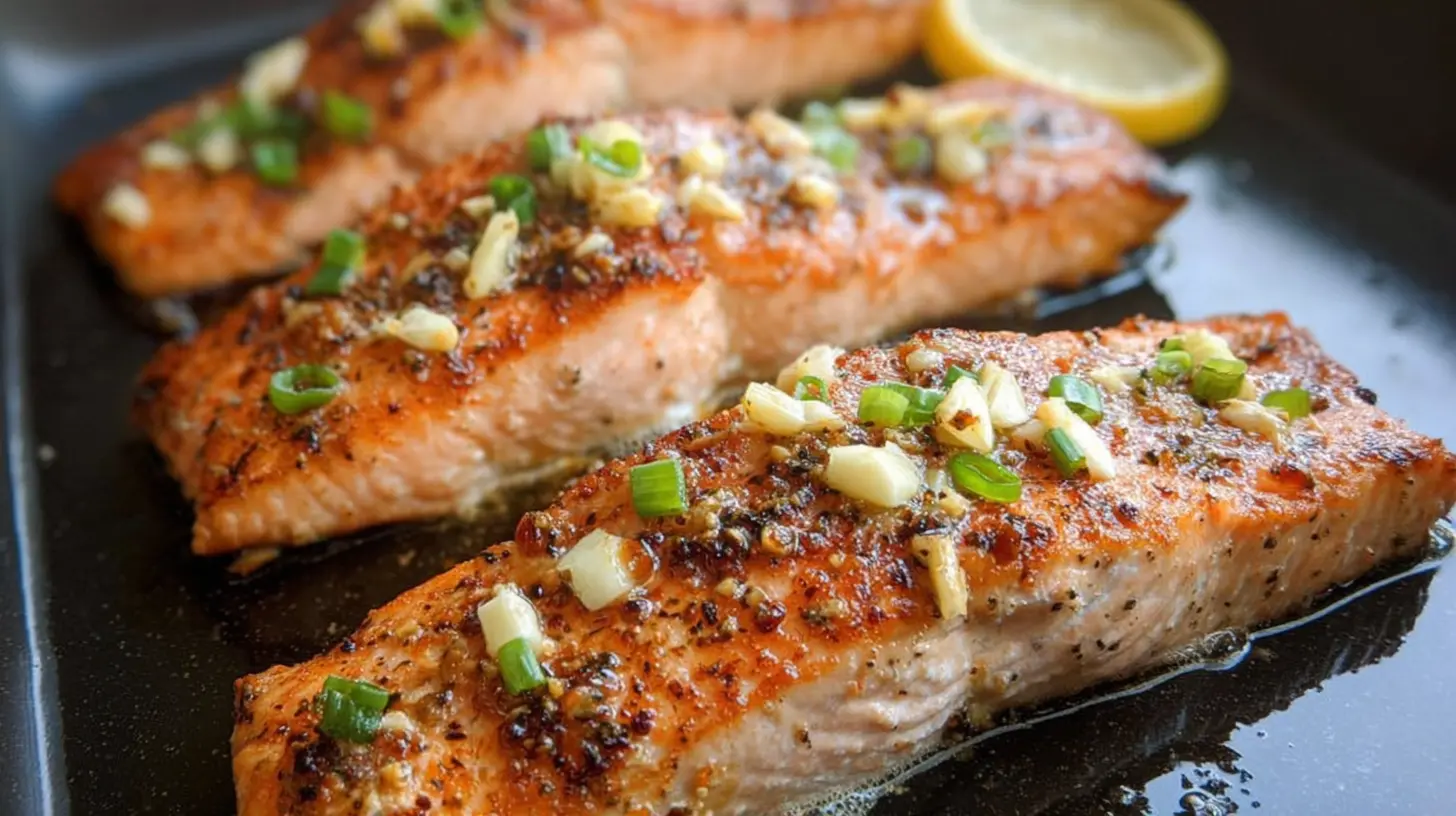 Pan seared salmon with garlic butter sauce, garnished with herbs