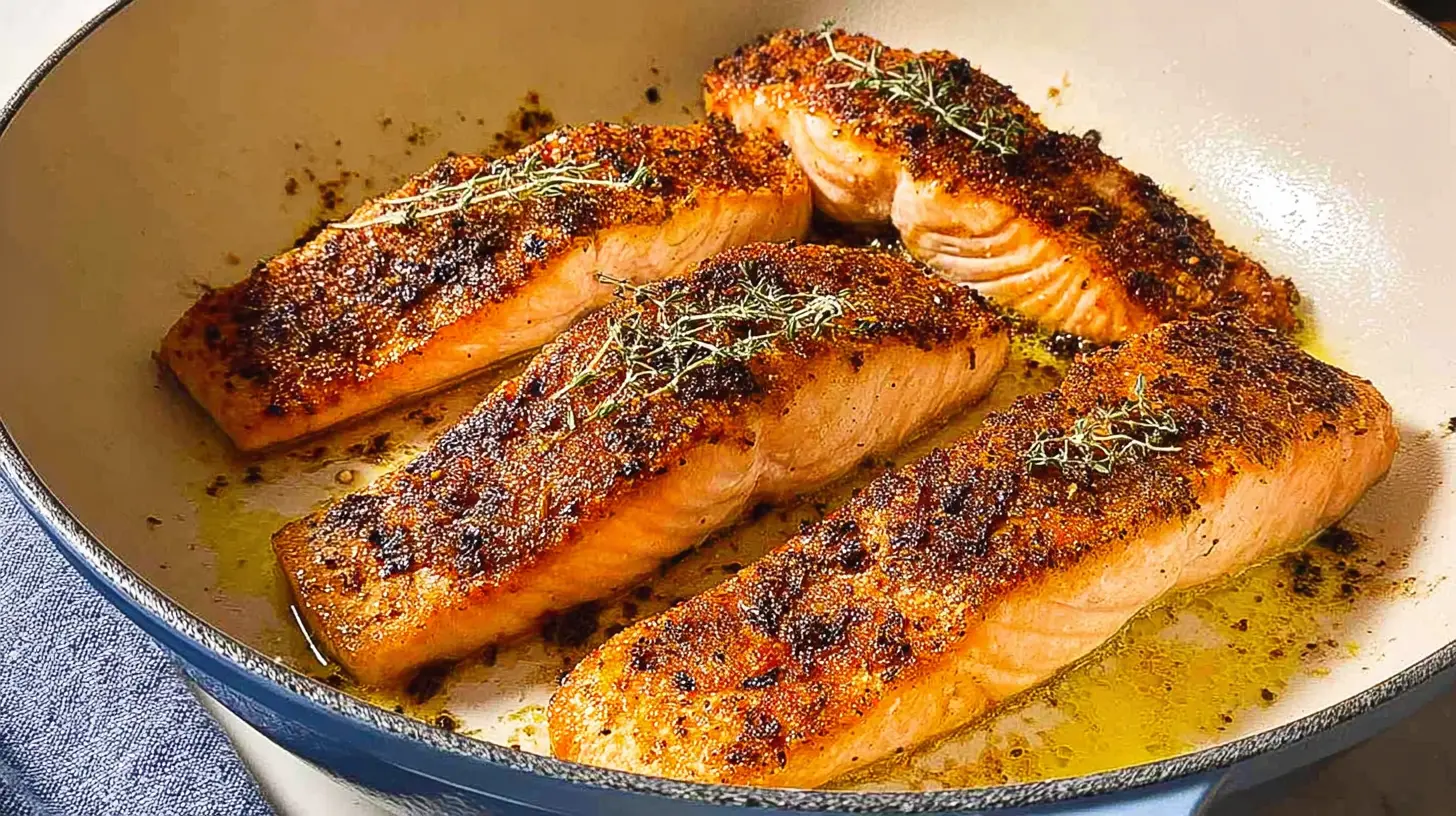 Close-up of a pan-seared salmon fillet showing its crispy skin and flaky texture