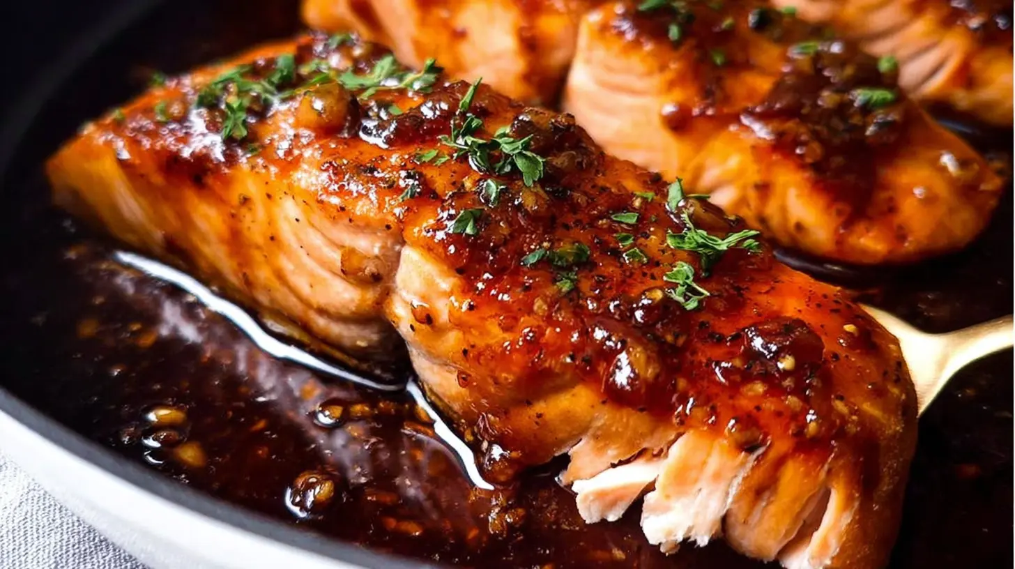 Pan-seared salmon fillet basted with a sweet and savory honey garlic glaze.