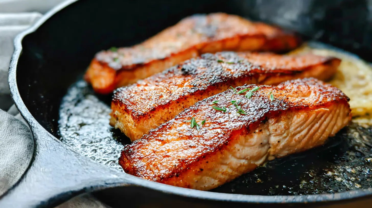 Delicious pan seared salmon cooked to perfection in a cast iron pan.