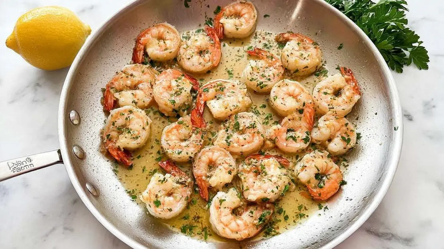 A plate of quick butter garlic shrimp perfectly cooked and seasoned.