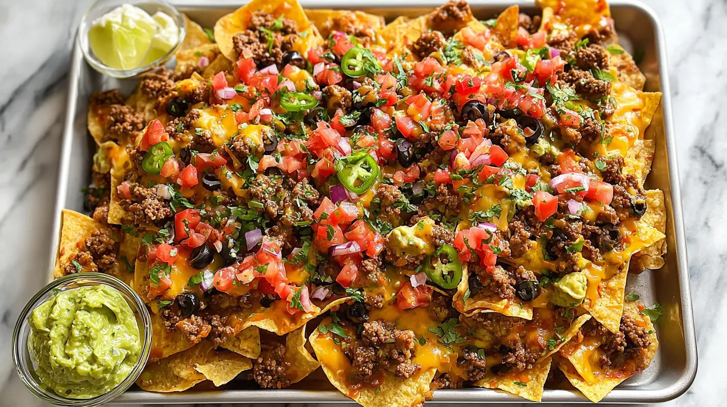A platter of quick ground beef nachos, generously topped and ready to eat.
