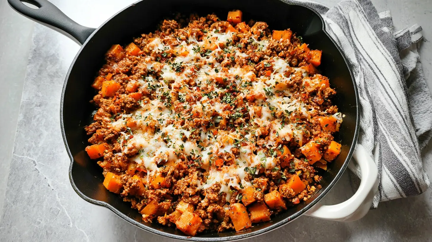 Cooked ground turkey with mixed vegetables in a single pan
