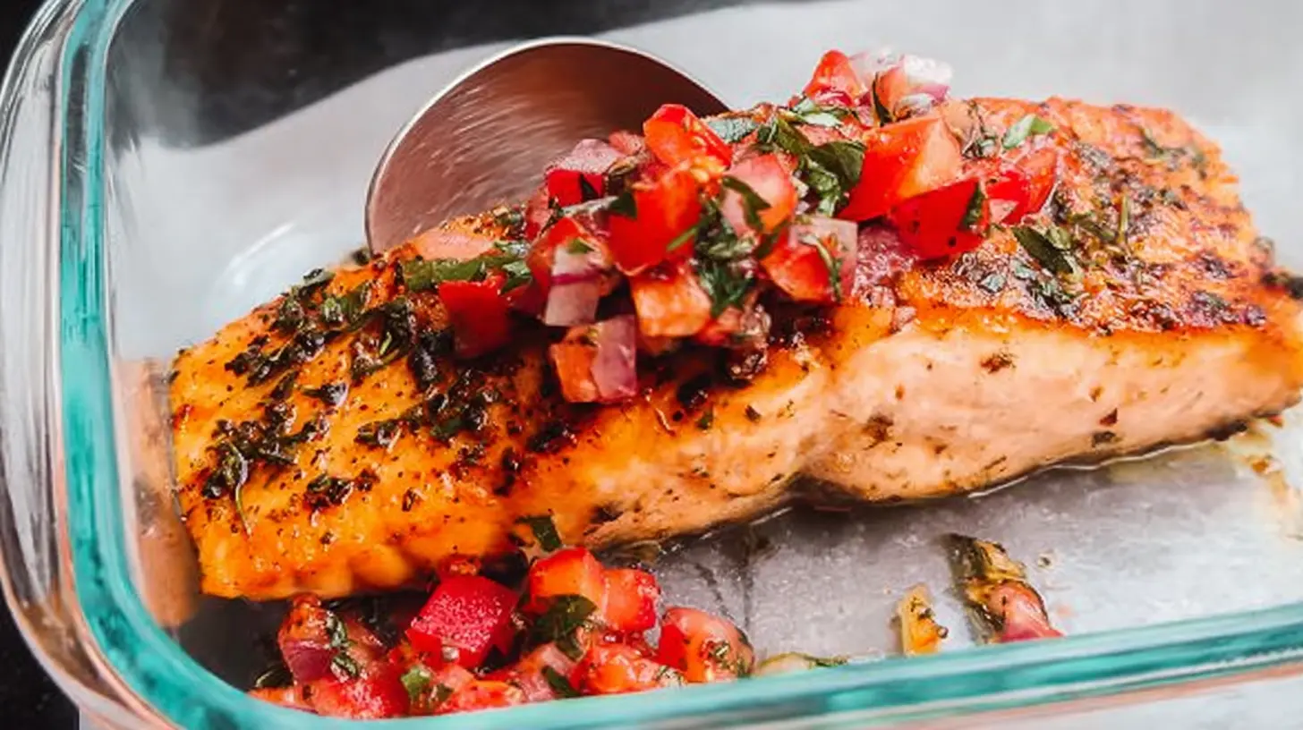 A perfectly cooked quick pan seared salmon fillet, golden-brown and flaky.