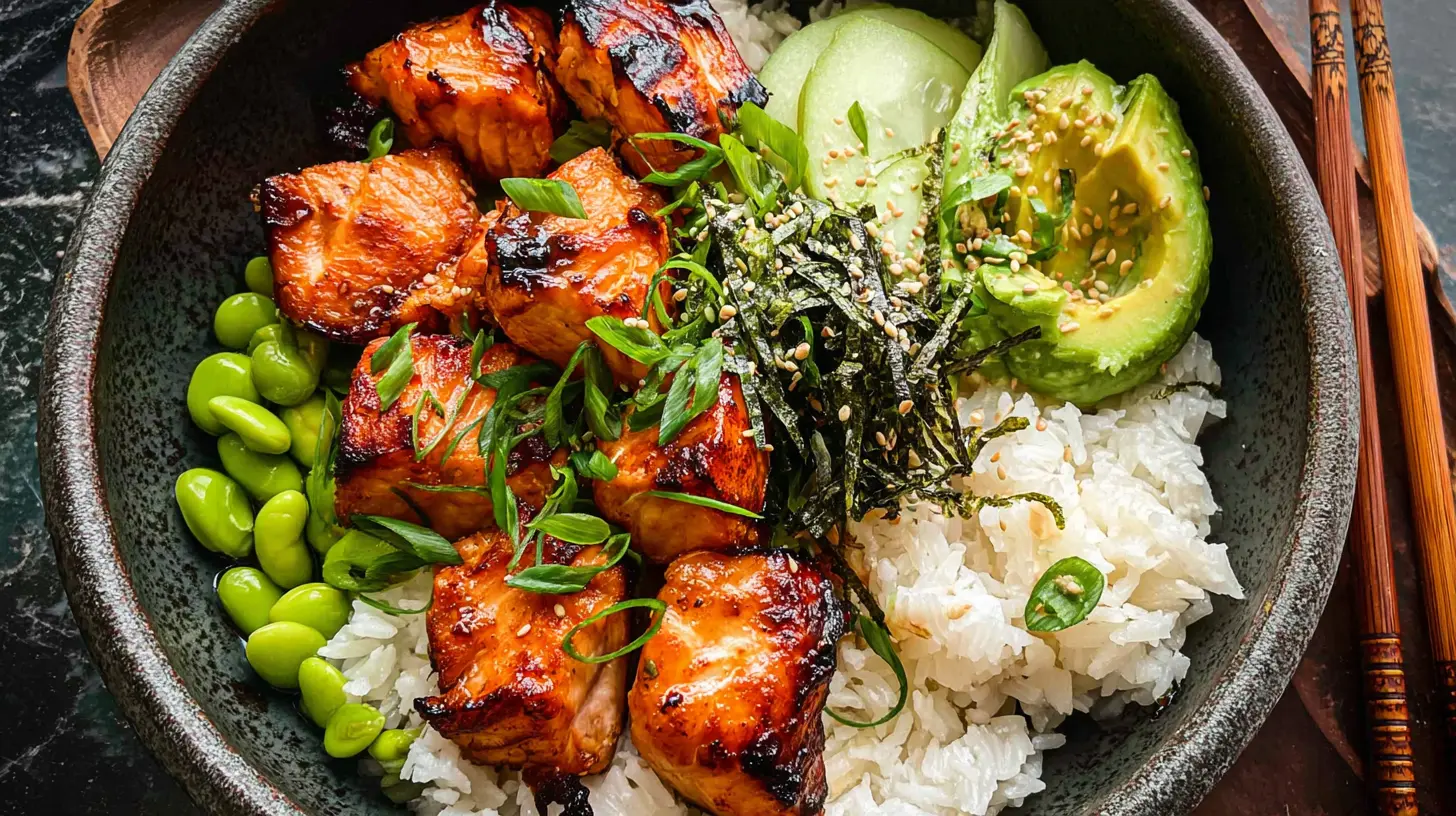 A freshly prepared quick salmon rice bowl, showcasing vibrant ingredients