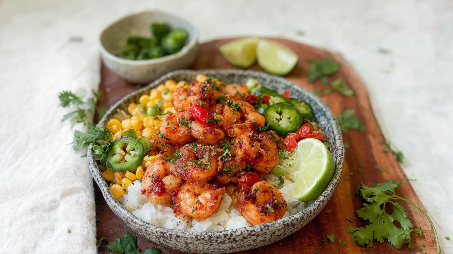 Delicious fast shrimp rice bowl served in a light blue bowl