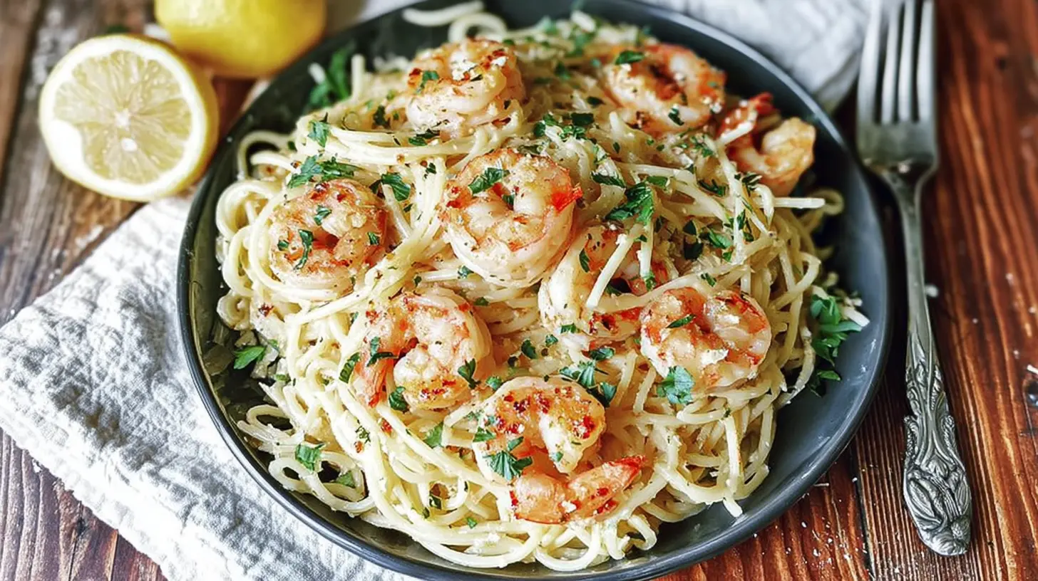 A delicious quick shrimp pasta dinner, freshly prepared and plated.