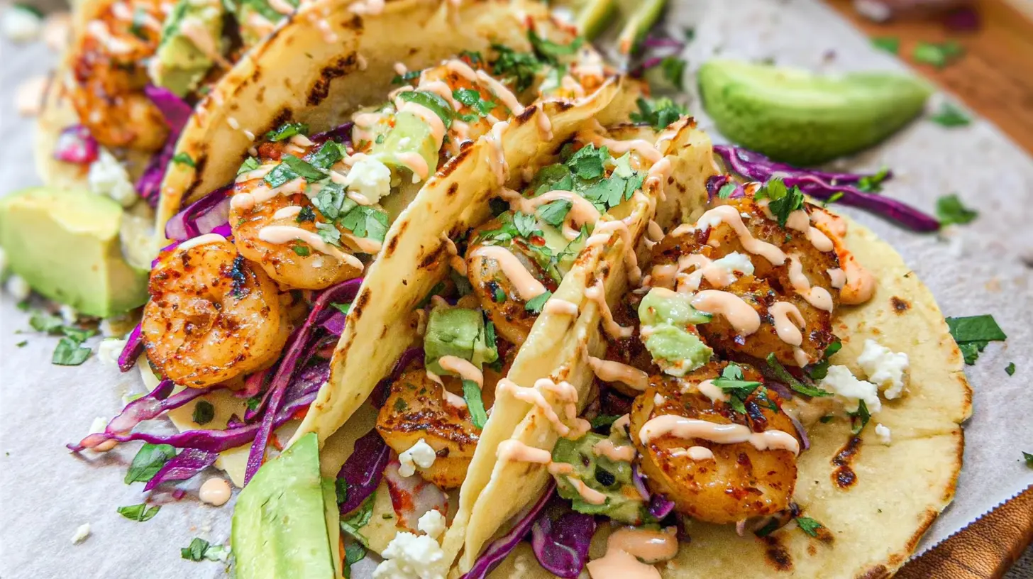 Delicious quick shrimp tacos garnished with cilantro and lime.