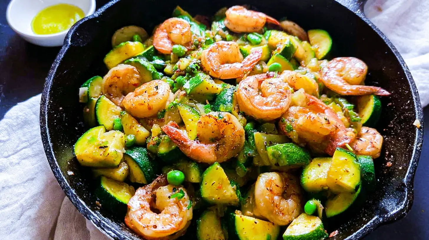 Close-up of a pan-fried collection of shrimp and zucchini with colorful vegetables.