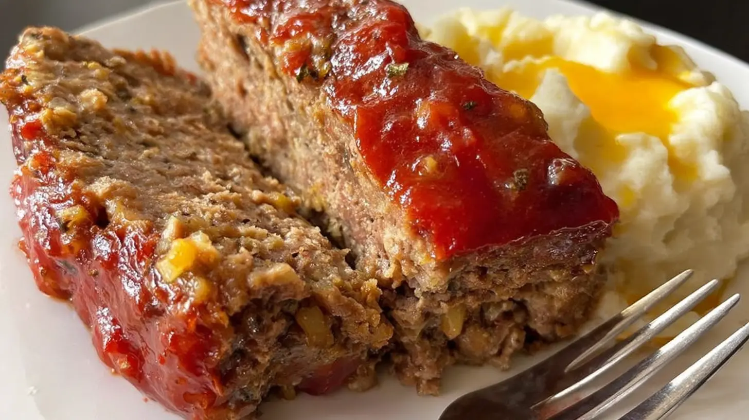 A baked quick and simple meatloaf recipe, perfectly browned and sliced.