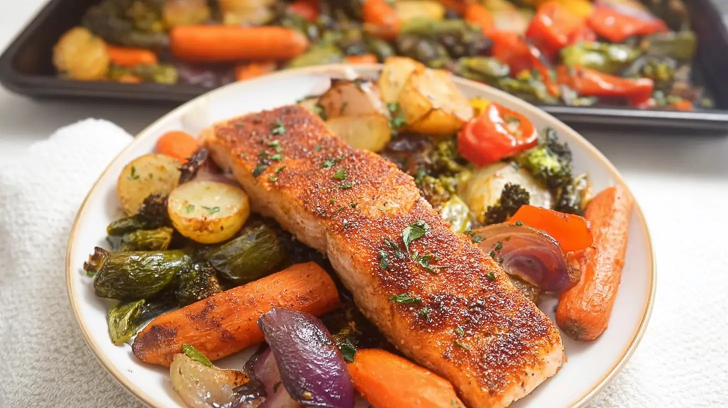 A colorful Salmon and Vegetable Sheet Pan Meal with roasted salmon fillets and mixed vegetables.