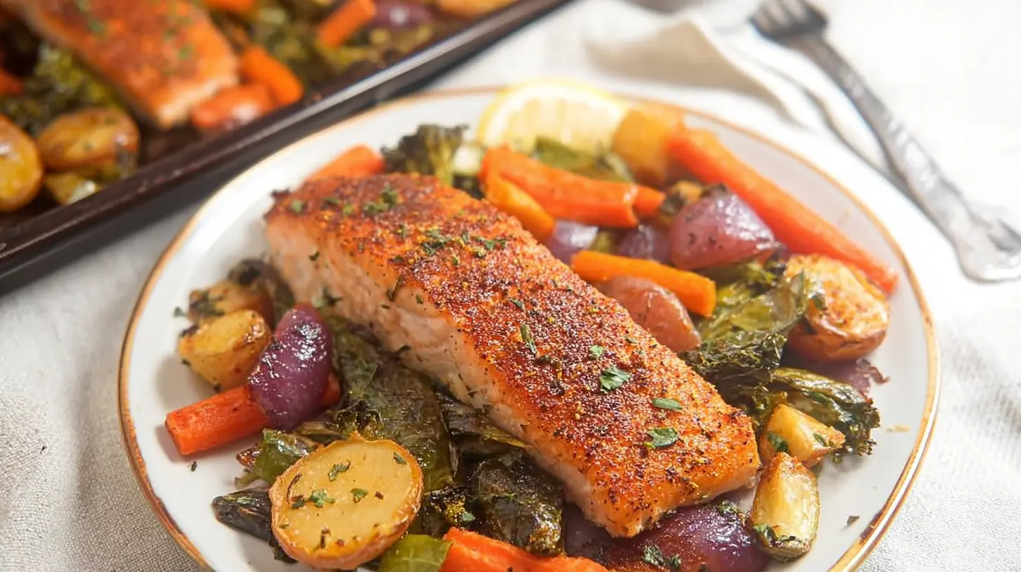 A colorful sheet pan baked salmon dinner featuring salmon fillets and roasted vegetables