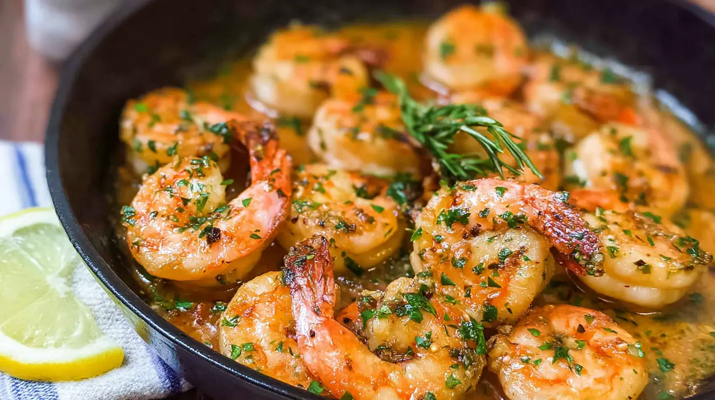 A close-up of sautéed shrimp glistening with a savory garlic butter coating.