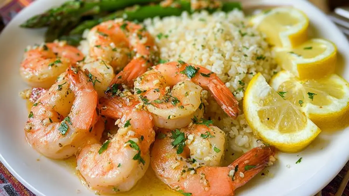 Succulent lemon garlic shrimp artfully arranged on a dinner plate.