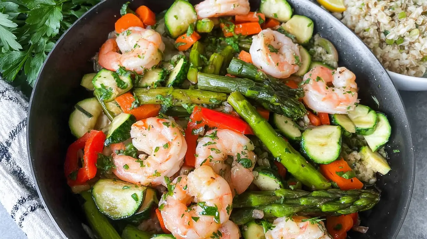 A plate featuring shrimp with steamed vegetables, perfect for a healthy meal.