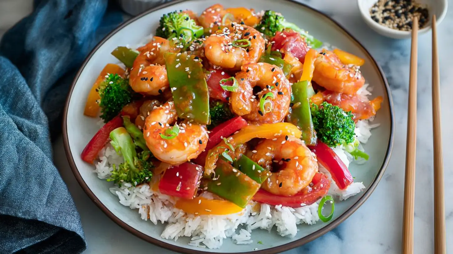 A vibrant shrimp and vegetable stir fry dish presented in a bowl.