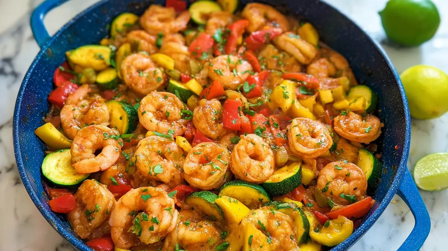 Pan-cooked healthy shrimp and mixed vegetables in a skillet for a meal.