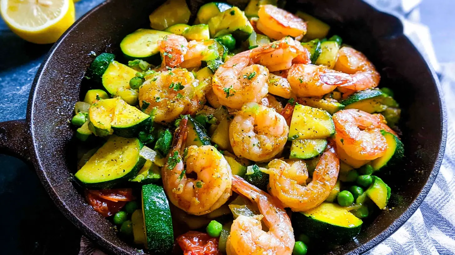 A vibrant stir-fry dish featuring plump shrimp and fresh zucchini slices.