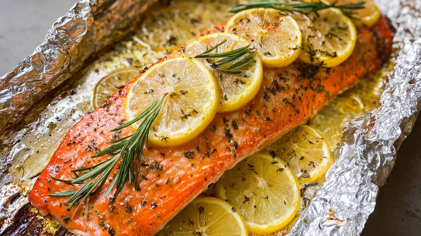 A simple baked salmon fillet adorned with lemon slices and fresh dill.