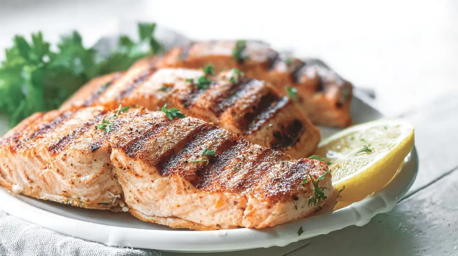 A simple grilled salmon fillet with herbs and lemon.