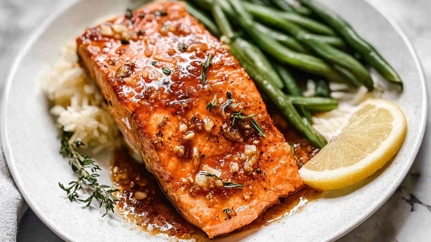 A simple healthy garlic salmon fillet, perfectly cooked.
