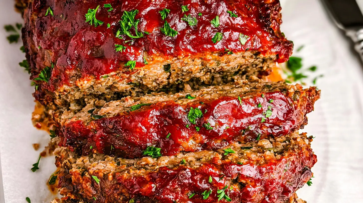 Delicious no-fuss meatloaf entree hot and ready for dinner.