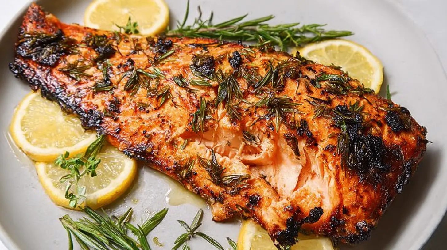 Simple salmon fillet seasoned with lemon slices and fresh herbs on a cooking sheet.