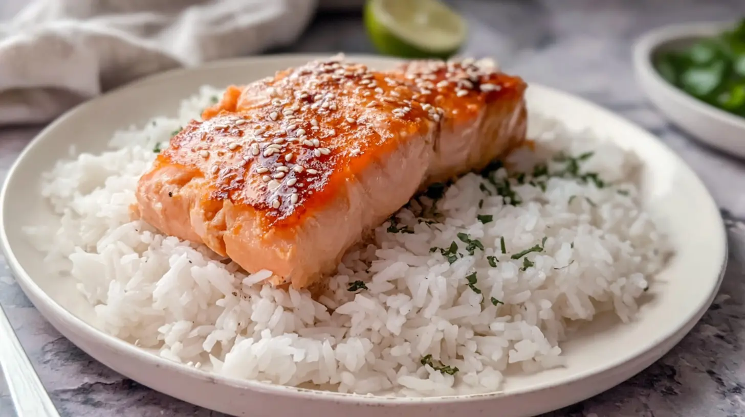A serving of simple salmon with fluffy white rice on a plate