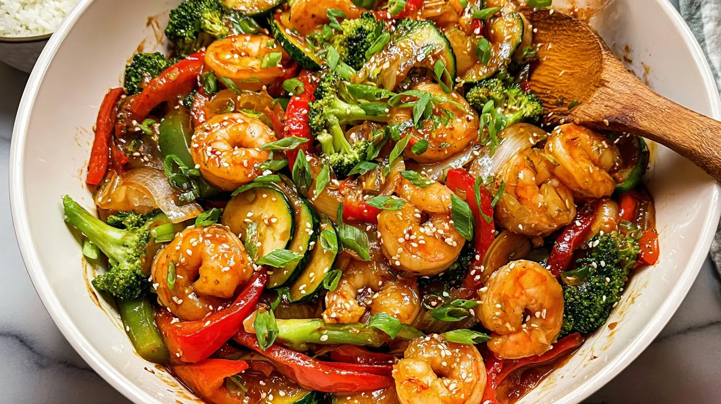 A colorful and simple shrimp stir fry with various vegetables in a pan.