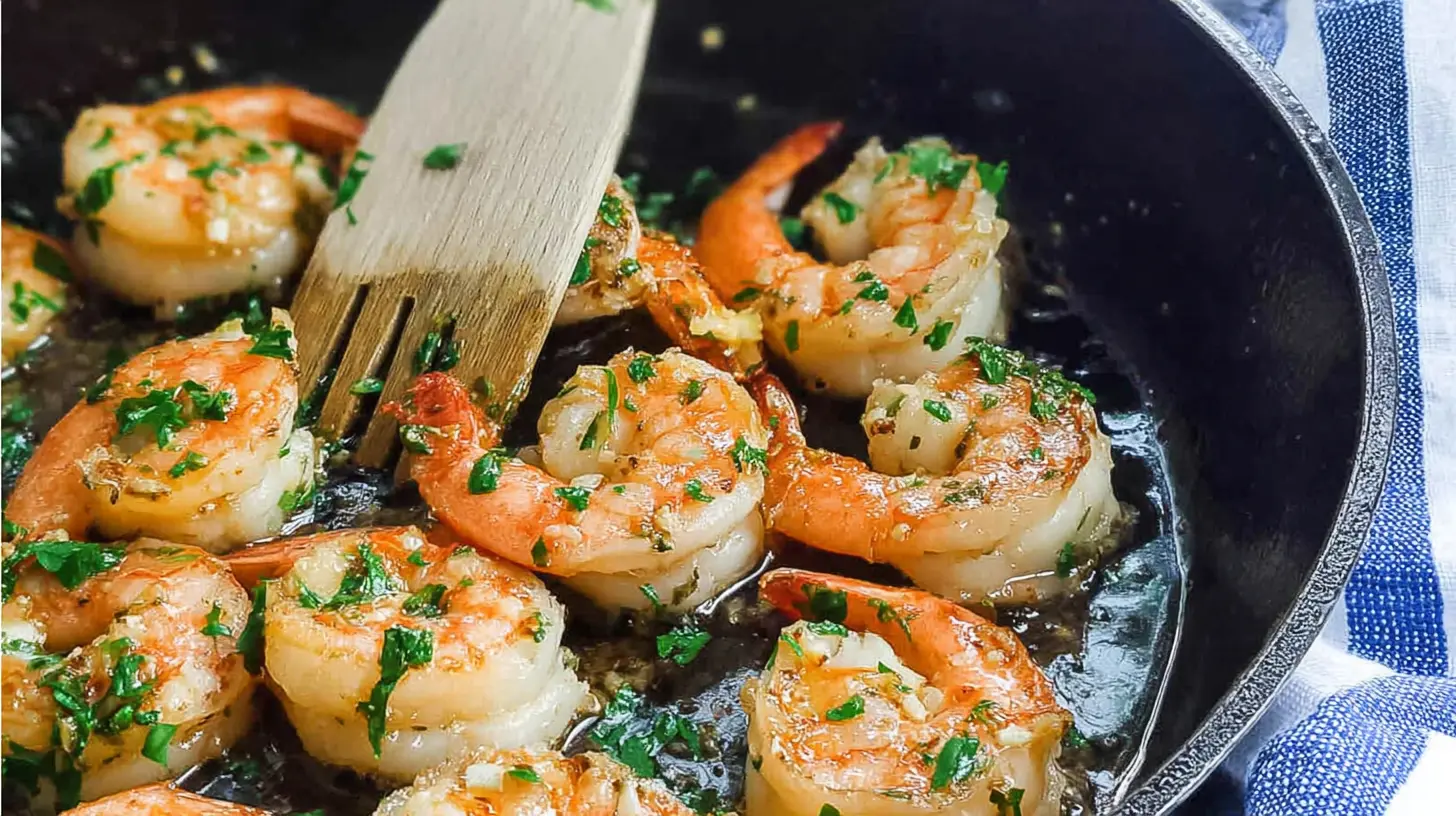 A serving of skillet shrimp cooked with fresh lemon slices and herbs.