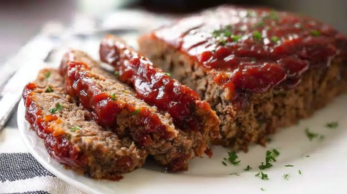 A freshly baked traditional meatloaf with a sweet glaze, ready to serve.