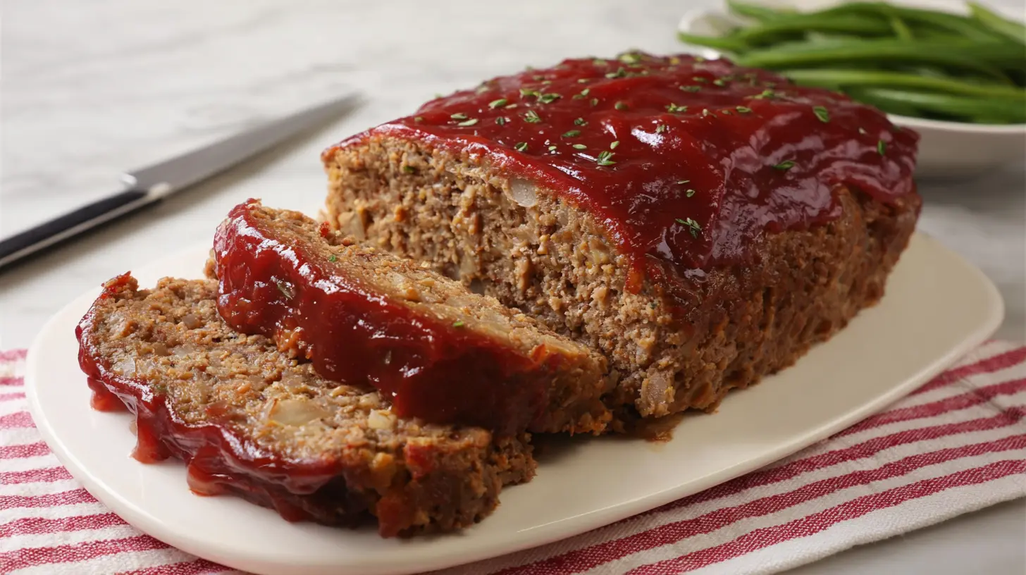A prepared vintage meatloaf recipe in a baking pan on a wooden surface.