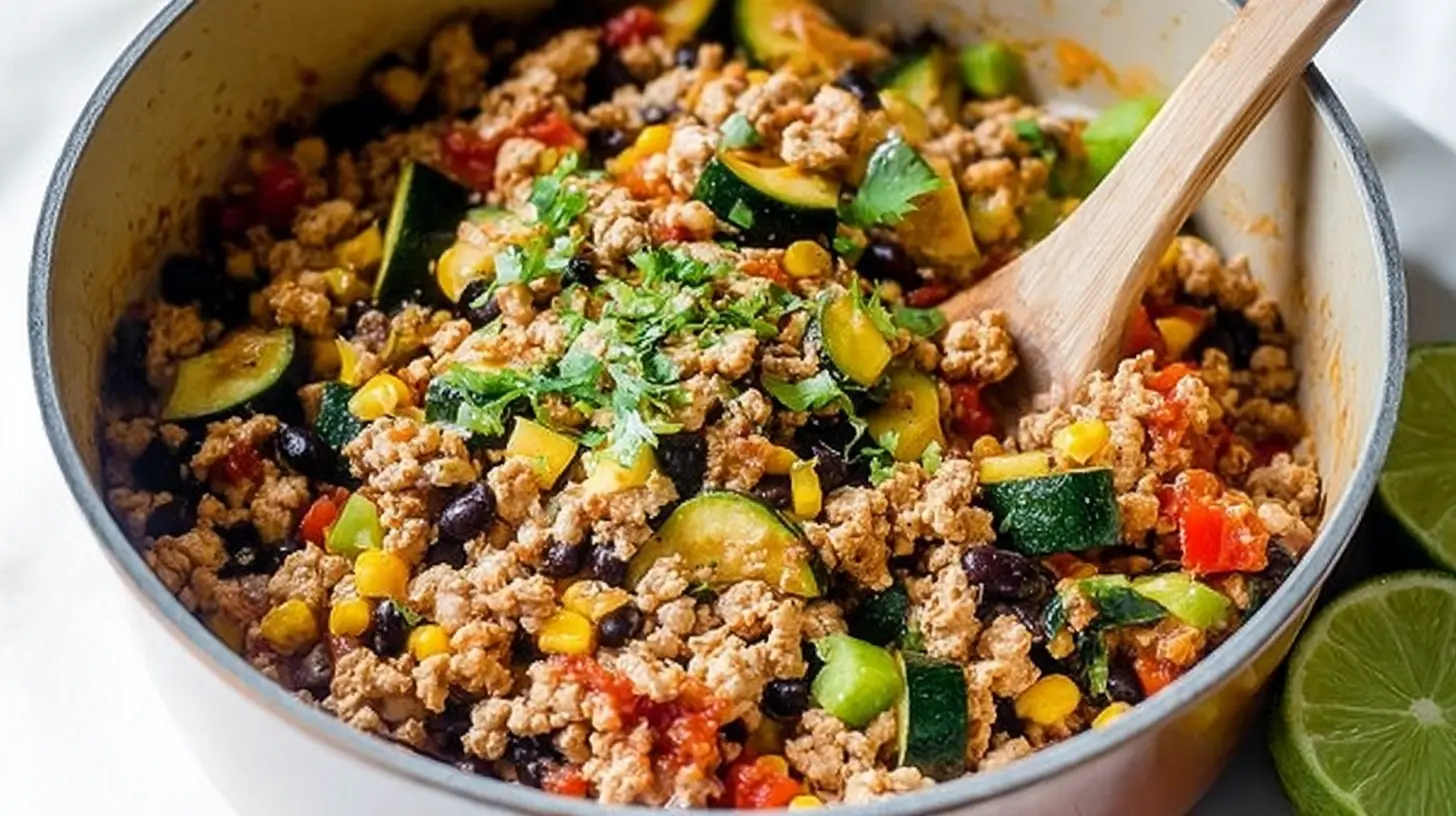 Top-down view of a colorful healthy ground turkey and vegetable skillet